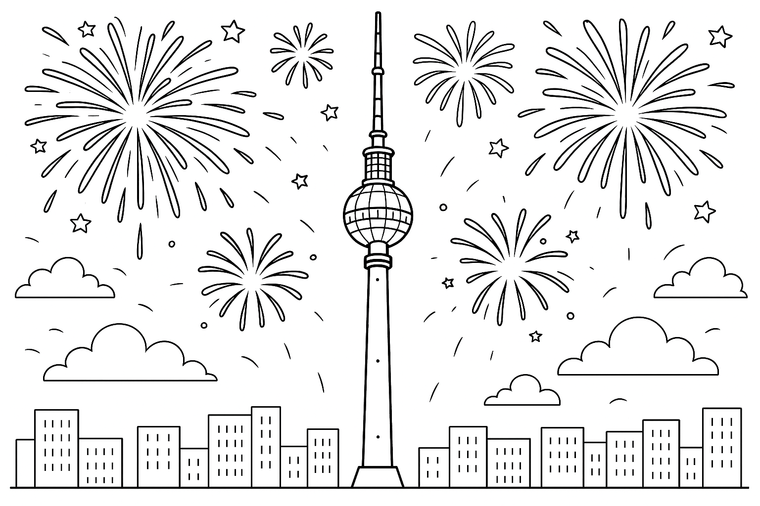 The television tower with party fireworks