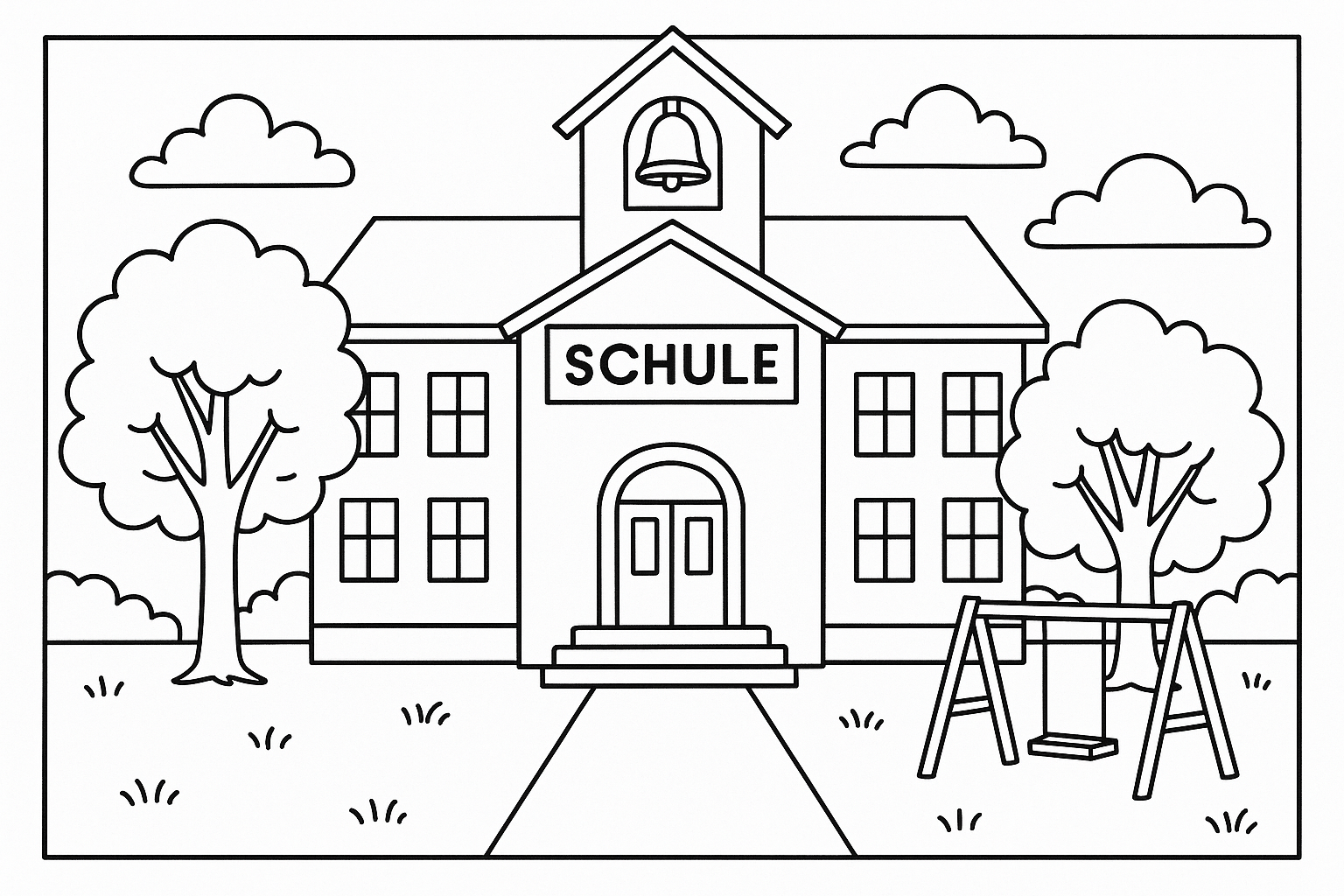 A school with a bell on the roof with a schoolyard