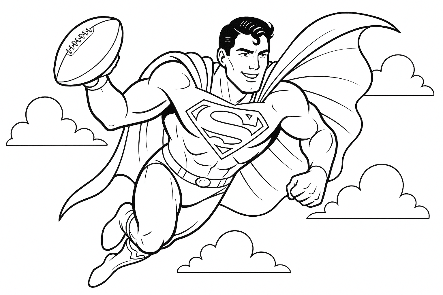 Superman, flying, with ball in hand