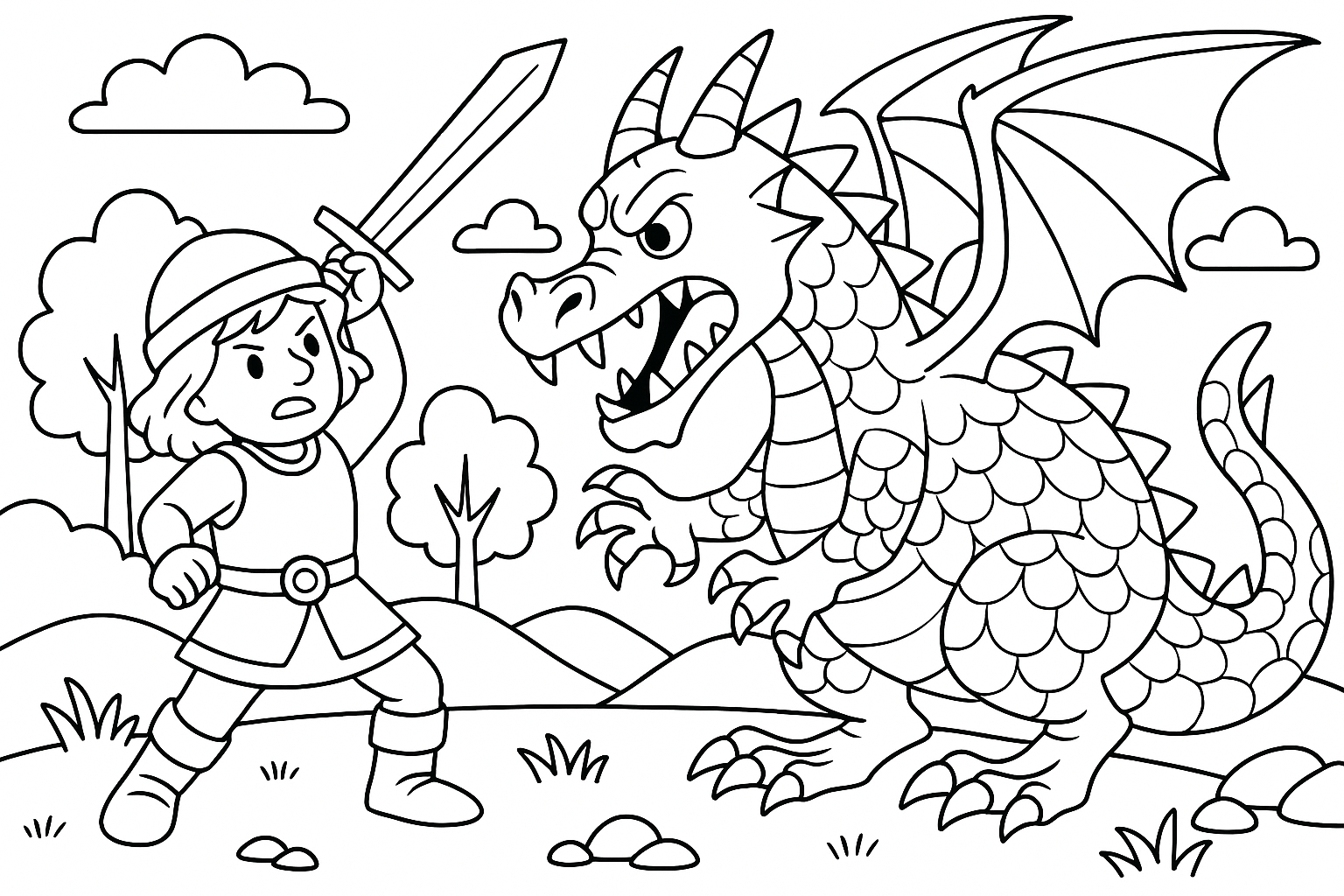 siegfried from the nibelungen saga fighting with a dragon as a children's picture