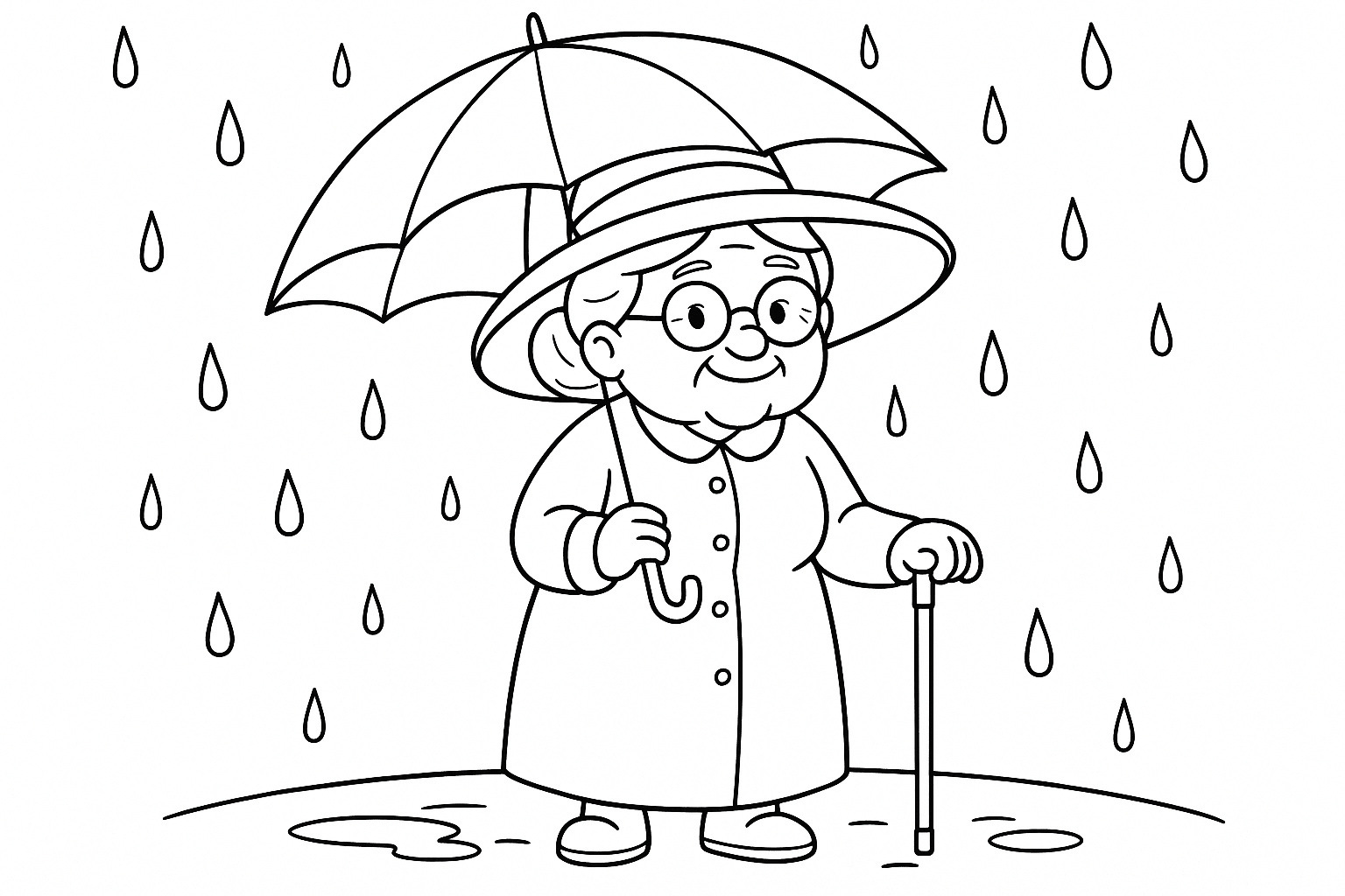 A grandma holds an umbrella, has a big hat on and a cane in her hand