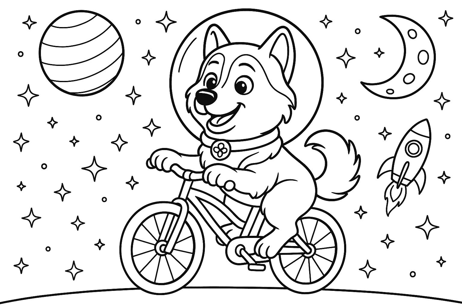 Anna from Elsa as a dog is in space with a bicycle