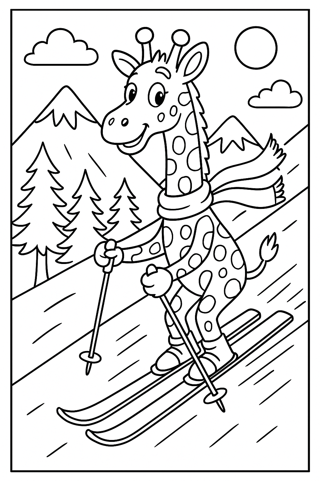A giraffe skiing down a mountain