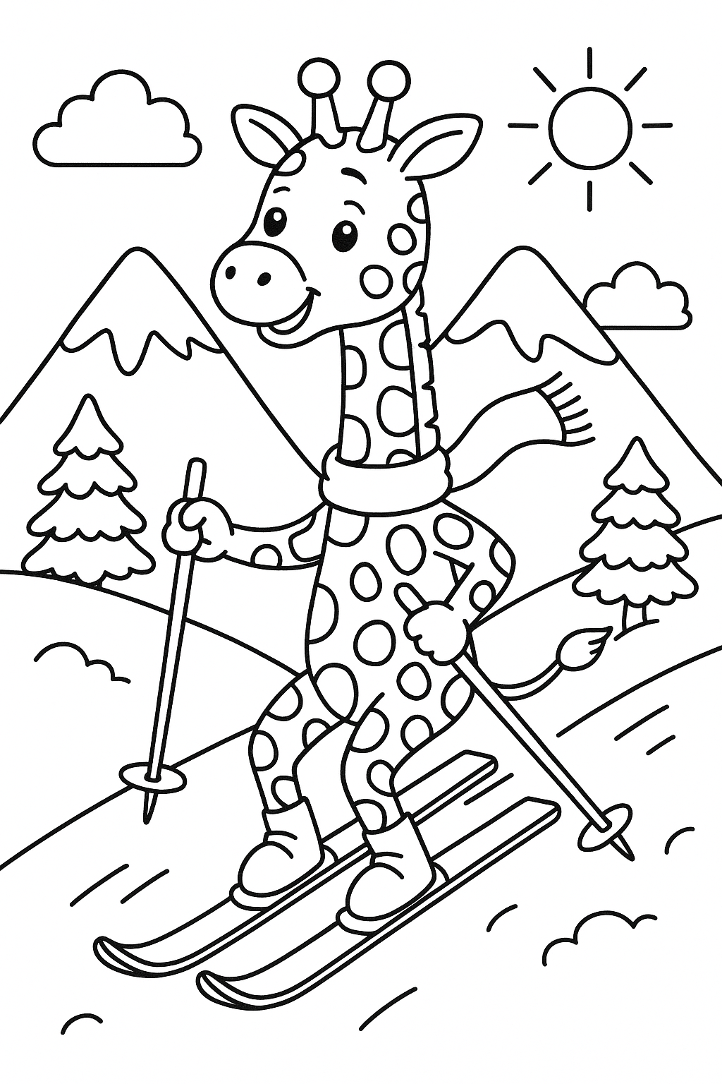 A giraffe skiing down a mountain