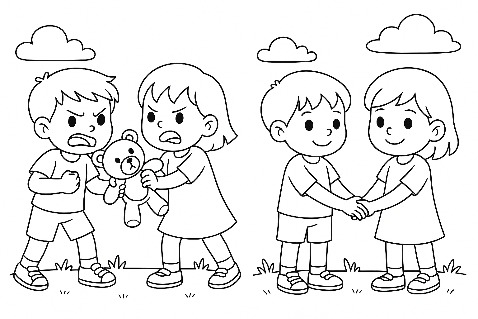 Two children (6 and 7 years old) are arguing over a toy, next to it a second scene with reconciliation and hand-holding
