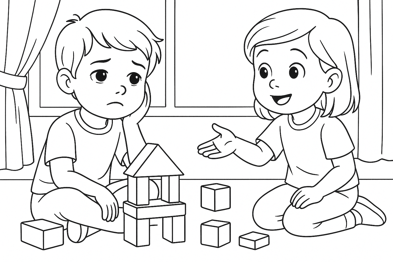 Child (approx. 6 years) sits with building blocks, looks thoughtful, another child asks for toys
