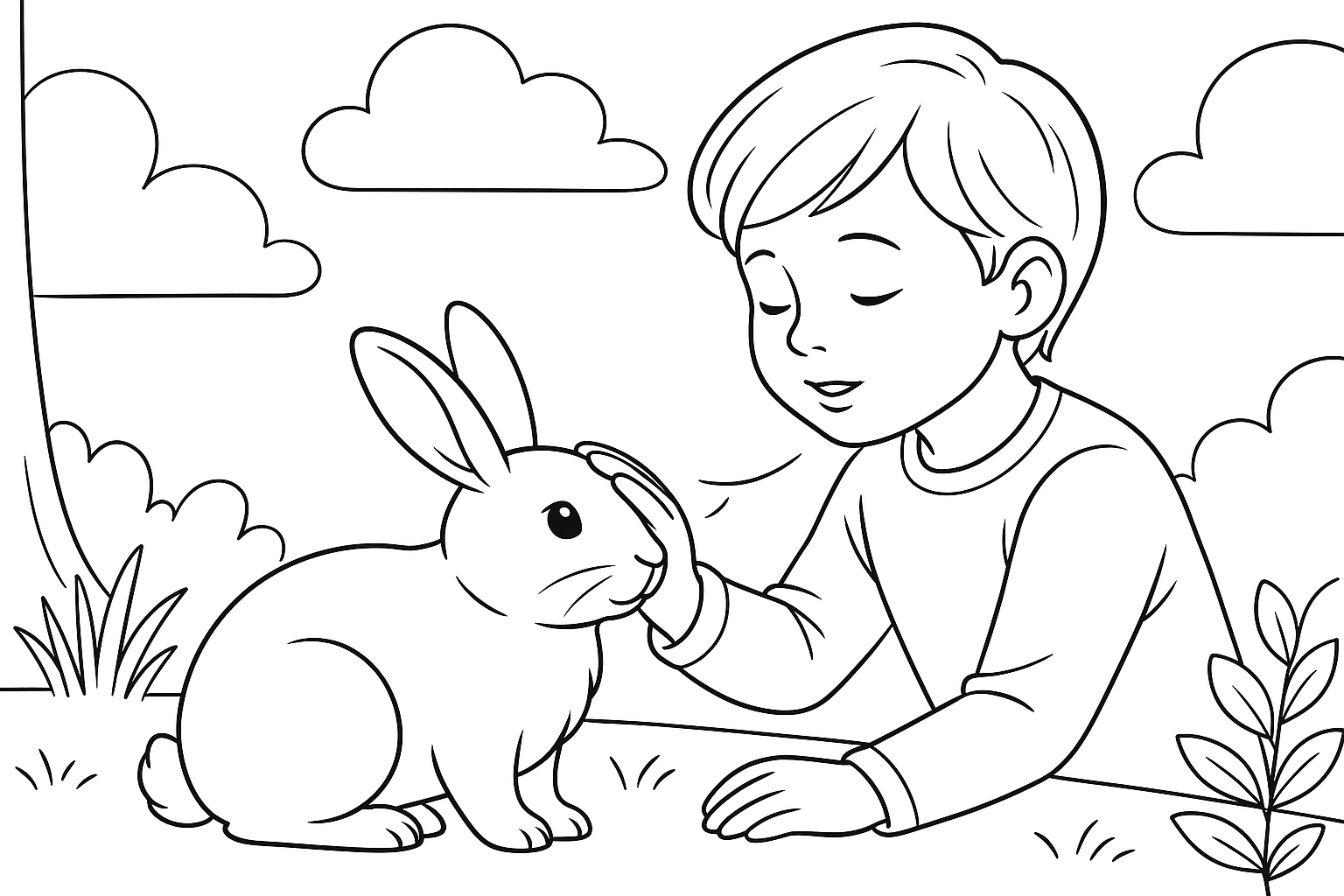 Child gently strokes a rabbit, speaks calmly with the animal