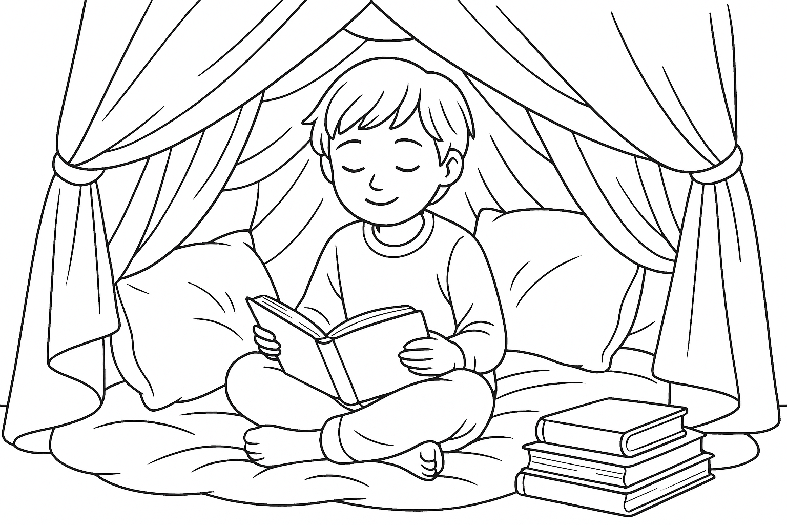 Child (about 8 years old) sits in a self-made cuddle cave with blankets and books - quiet, peaceful, retreat
