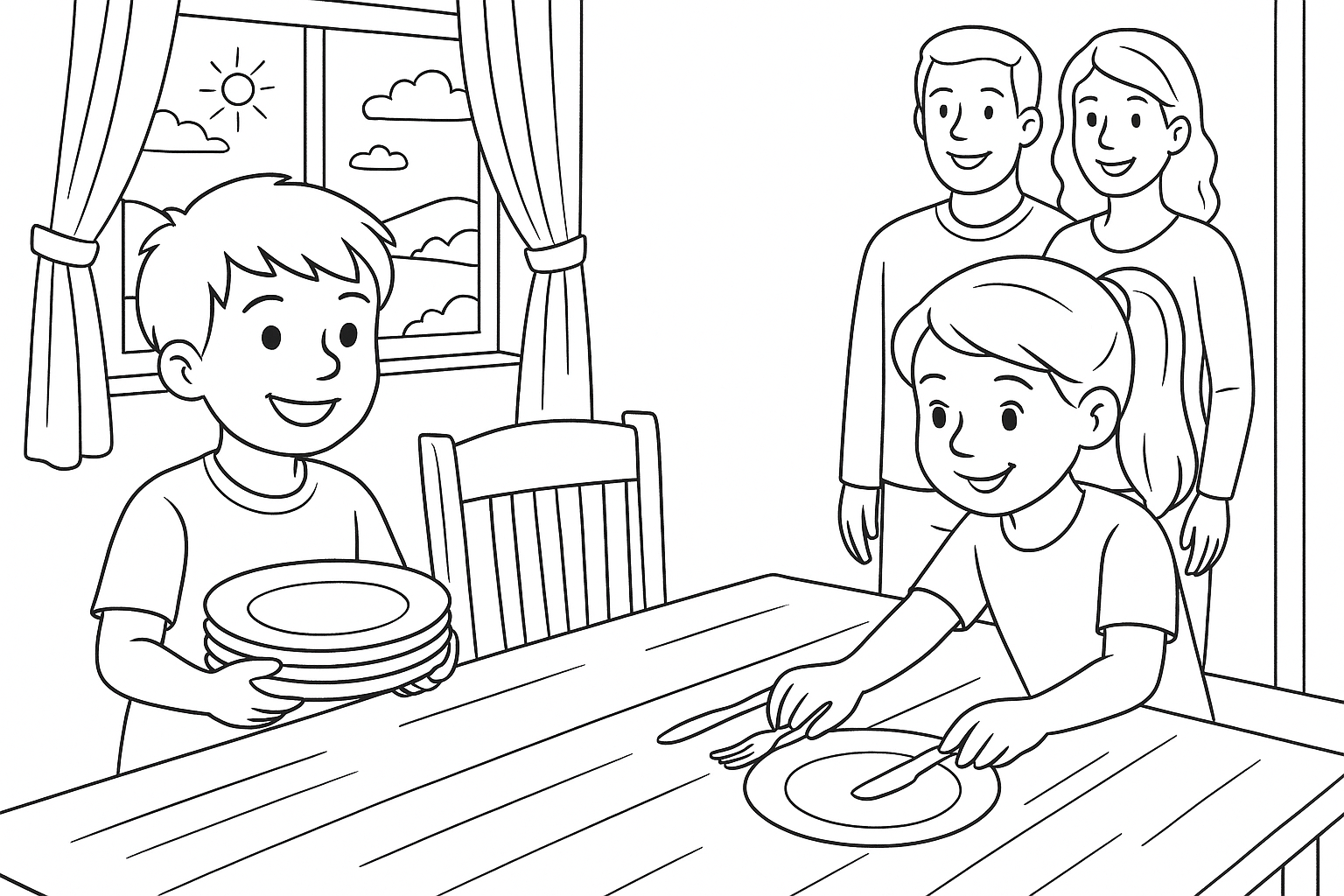 Two children are helping together to set the table, one brings the plates, the other the cutlery, parents are in the background