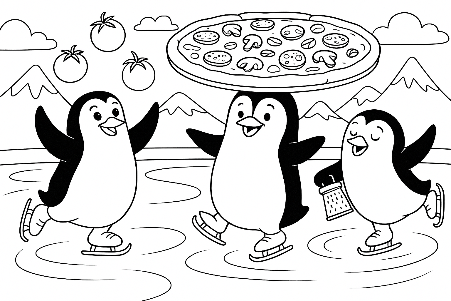 Three penguins on ice skates serve pizza on a frozen ice rink. One juggles tomatoes, one balances a huge pizza on his head, the third dances pirouettes with a cheese shaker