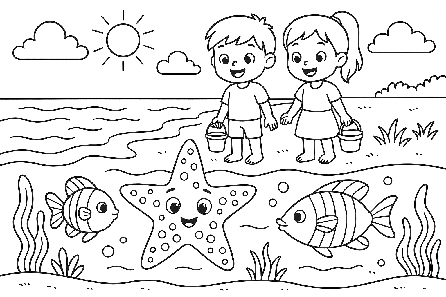 Starfish in the sea and fish, children on the beach