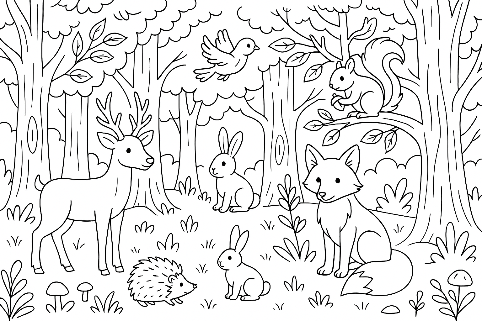 A forest with many animals