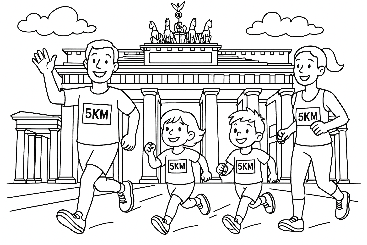 a run with children and adults who are just crossing the finish line (Brandenburg Gate) where the starting number says 5km