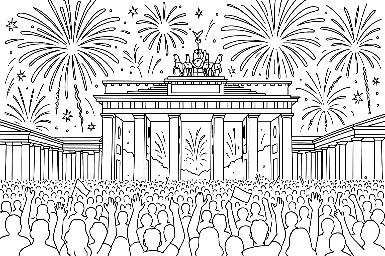 A party at the Brandenburg Gate with thousands of people and lots of fireworks