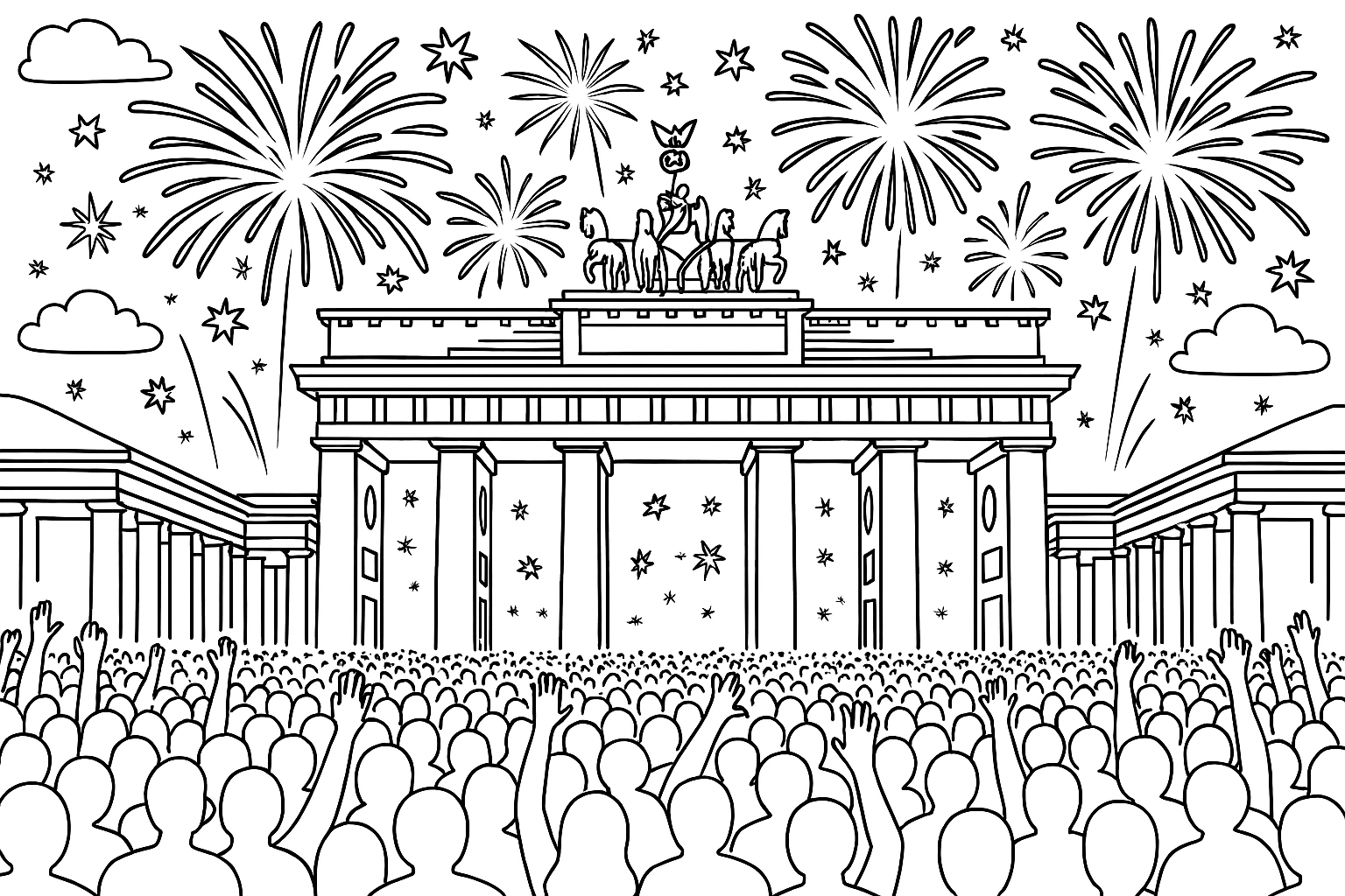 A party at the Brandenburg Gate with thousands of people and lots of fireworks