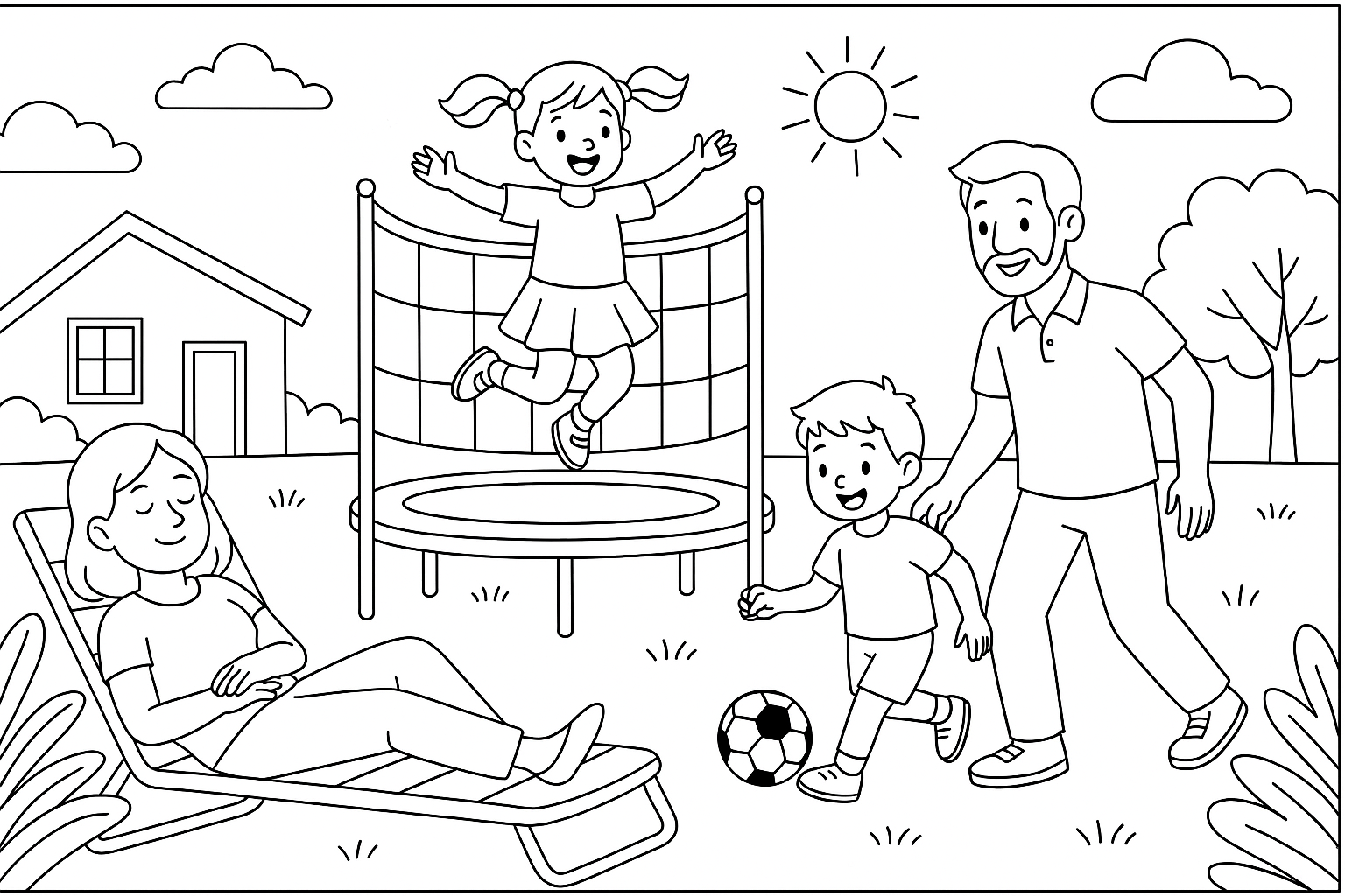 A family (Dad Mom Girl Boy) who are currently playing outside in the garden and the girl is tumbling on the trampoline and the boy and the dad are playing soccer and the mom is chilling on the lounger