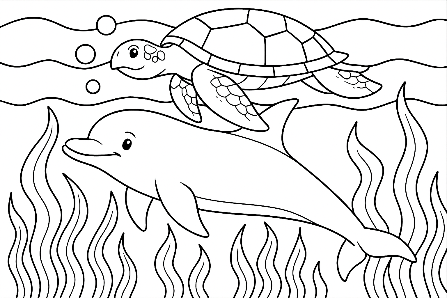 a dolphin in the sea with a turtle above it and it swims in algae