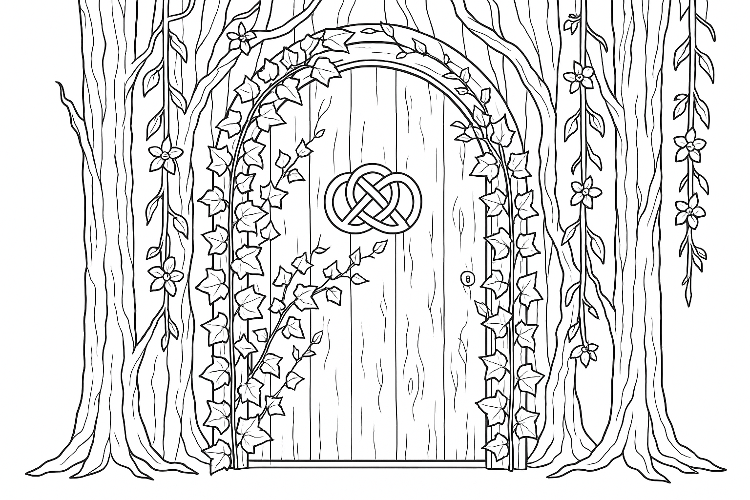 a door where outside vines are around the door, on the door there should be very few vines, on the door there should be a pretzel and outside around the vines there should be a tree trunk but without leaves, instead vines with flowers