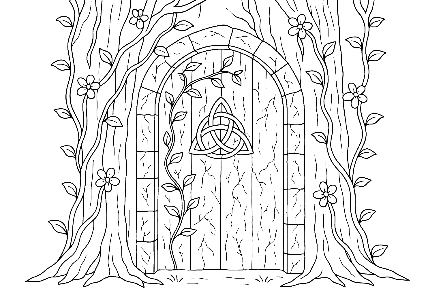 a door where outside vines are around the door, on the door there should be very few vines, on the door there should be a pretzel and outside around the vines there should be a tree trunk but without leaves, instead vines with flowers