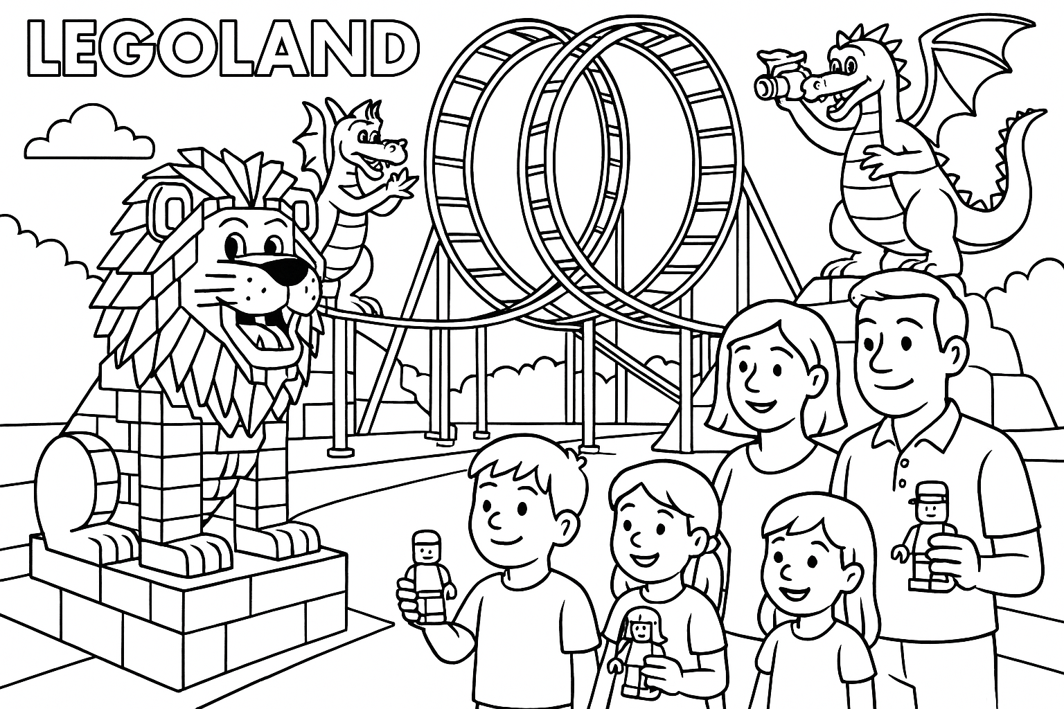 the legoland from inside where a family (dad mom boy girl) is strolling around and they have lego figures in their hands and they are standing in front of a roller coaster with a lion and the lion is made of lego and the track has 2 loops and next to the track there are 2 dragons and one is taking a photo