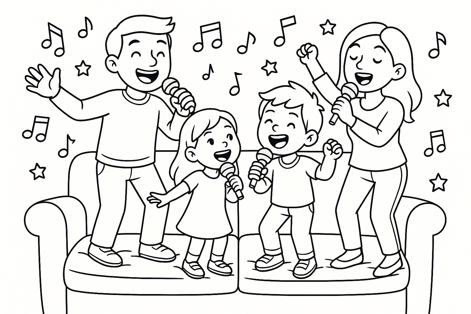 a family that is currently having a sing party and she is standing on the couch