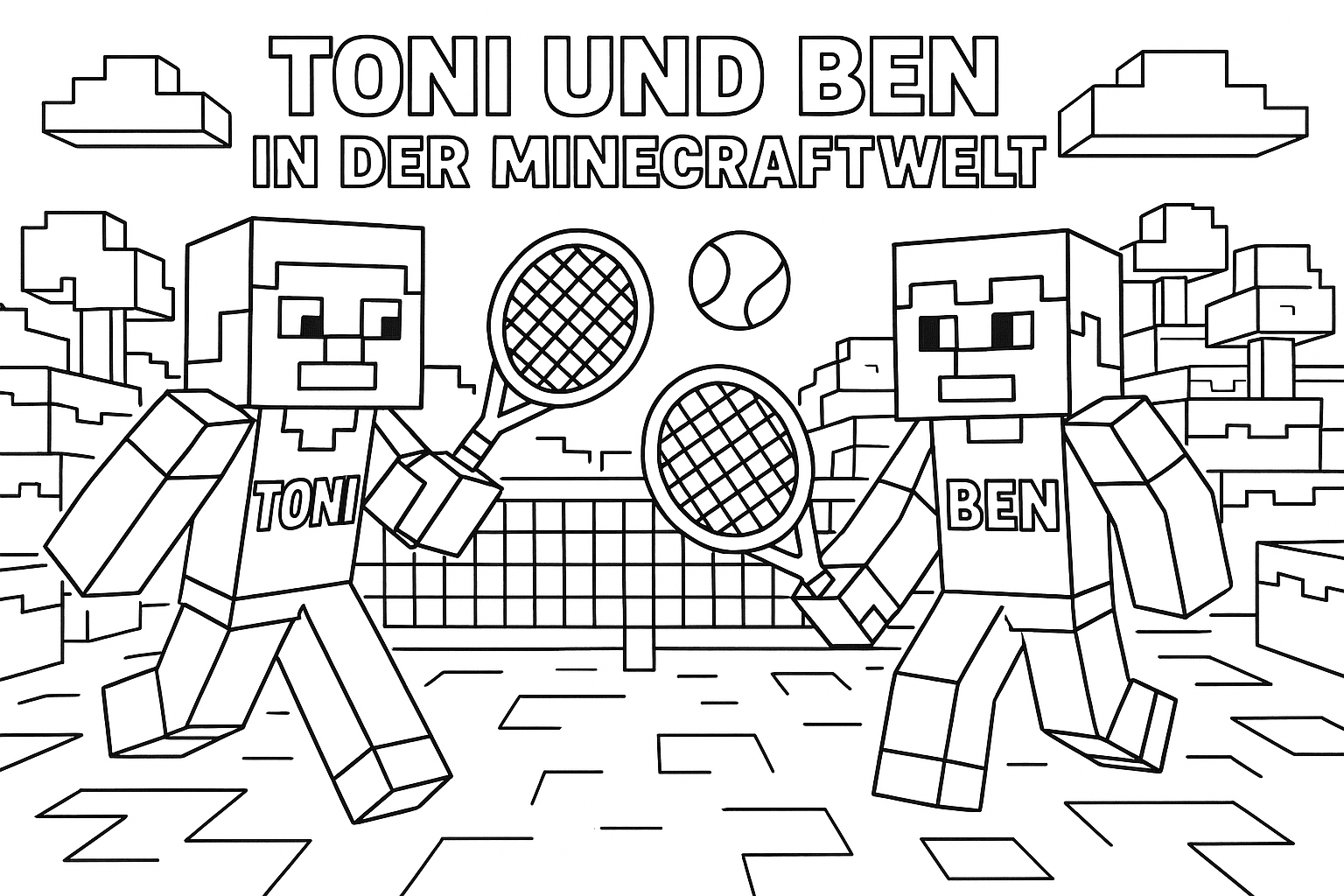 Create a picture for me with two figures (boys), one is called Toni and the other Ben (the names should be visible). The two figures should be created in the Minecraft style and play tennis in a Minecraft world. The headline should read: Toni and Ben in the Minecraft world
