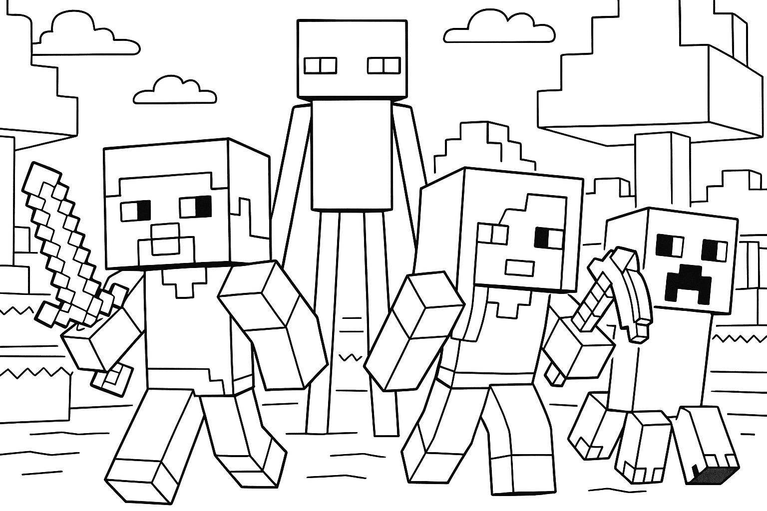 2 minecraft people with an enderman and a creeper
