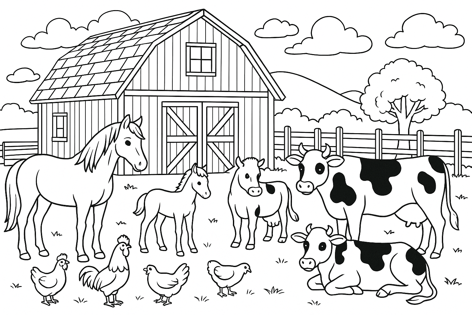 a farm with horses and cows, chickens and a barn made of wood