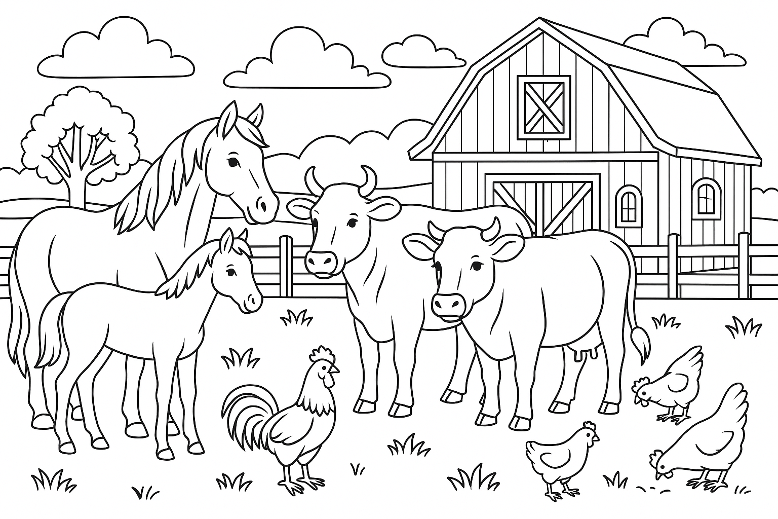 a farm with horses and cows, chickens and a barn made of wood