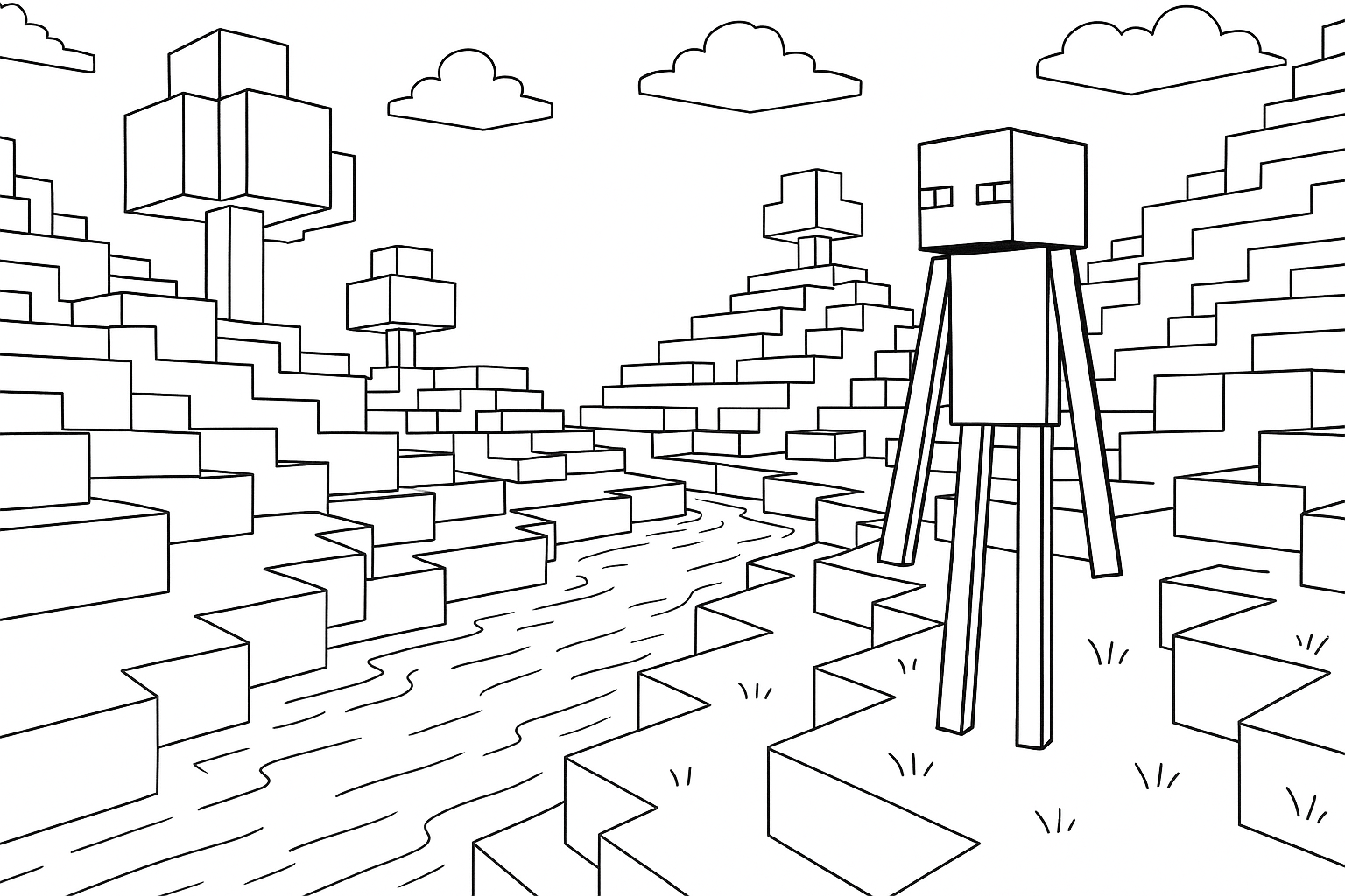 a minecraft world where a river flows through the middle and an enderman stands next to the river