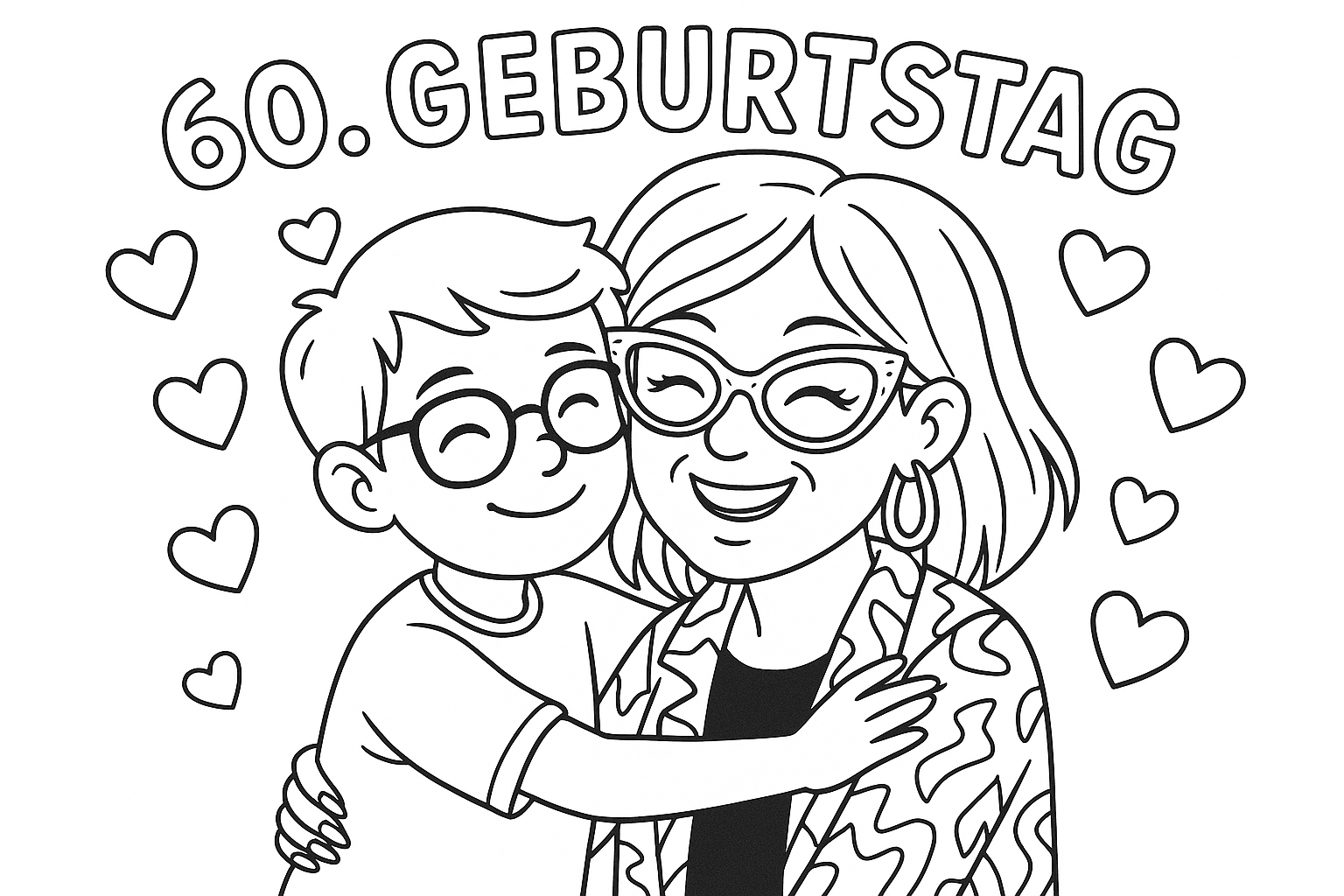 I want a picture for my grandma for her 60th birthday. I am a boy and my grandma is more funky than boring and has, for example, longer fingernails. I love to cuddle with my grandma the most. My grandma's hair is shoulder-length. She has funky glasses and a funky jacket on. The boy is wearing normal glasses