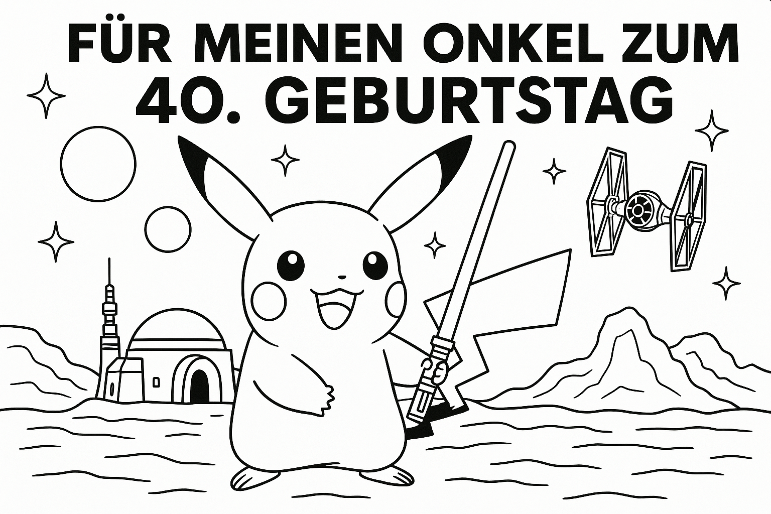 For my uncle's 40th birthday. A Pikachu in a Star Wars world. And Pikachu has a lightsaber in his hand.