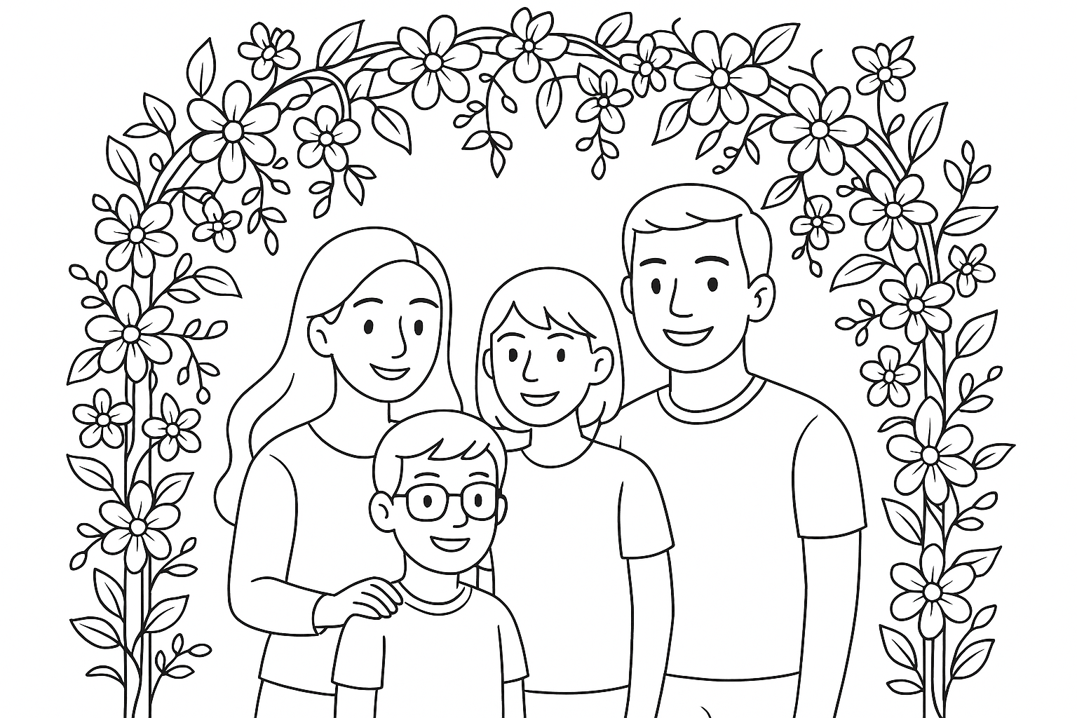 An archway where flowers are attached to vines. A family of 4 people (Mom long hair, Dad short hair, Brother short hair 1 glasses, Sister taller than the brother short hair