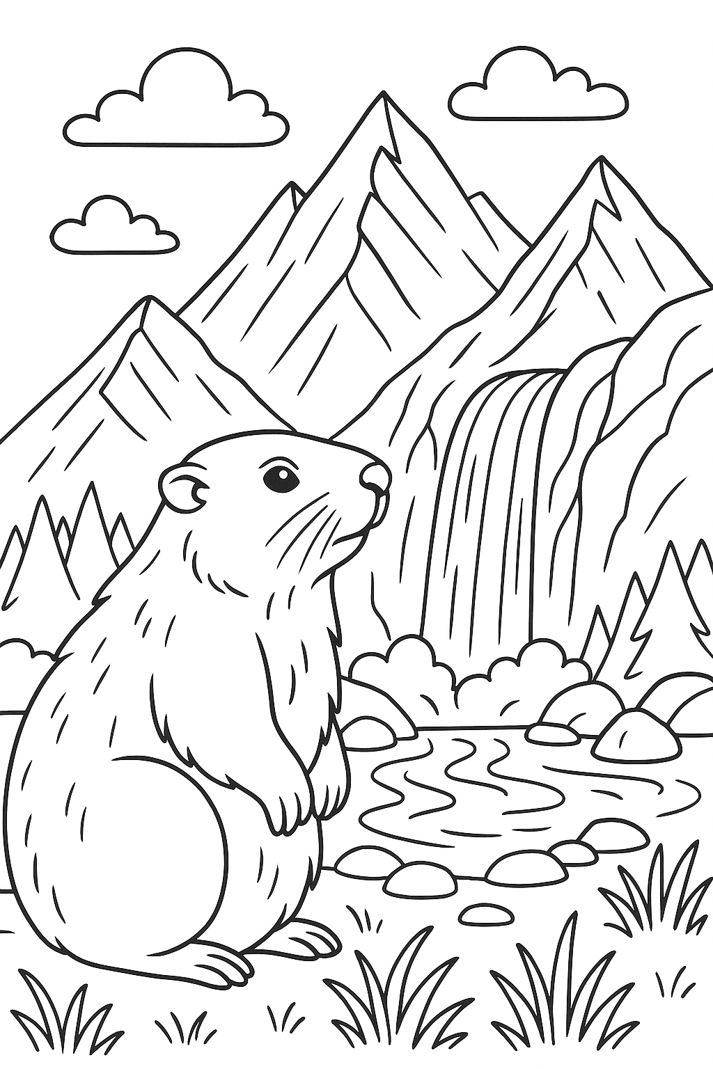 A marmot with a mountain landscape and a waterfall rushing through the mountains