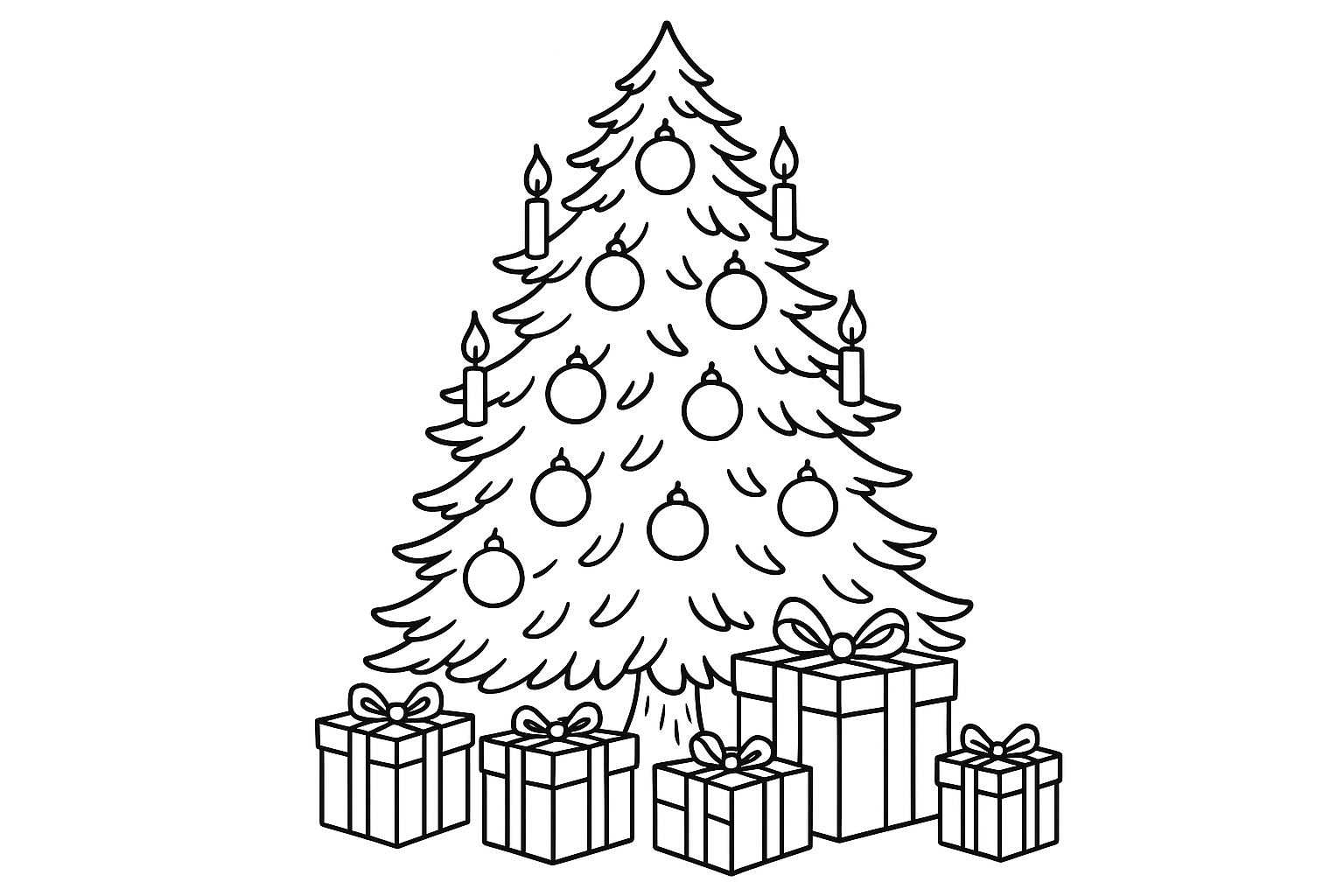 A Christmas tree with balls and candles. Under the Christmas tree lie small, medium, large gifts