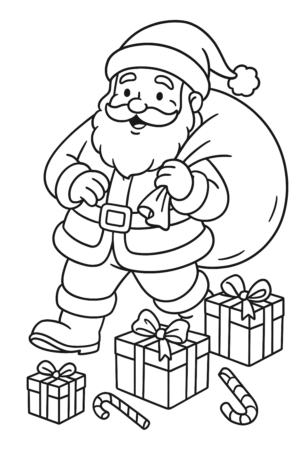 A Santa Claus with a bag where gifts are falling out