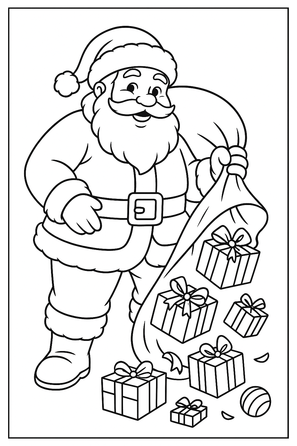 A Santa Claus with a bag where gifts are falling out