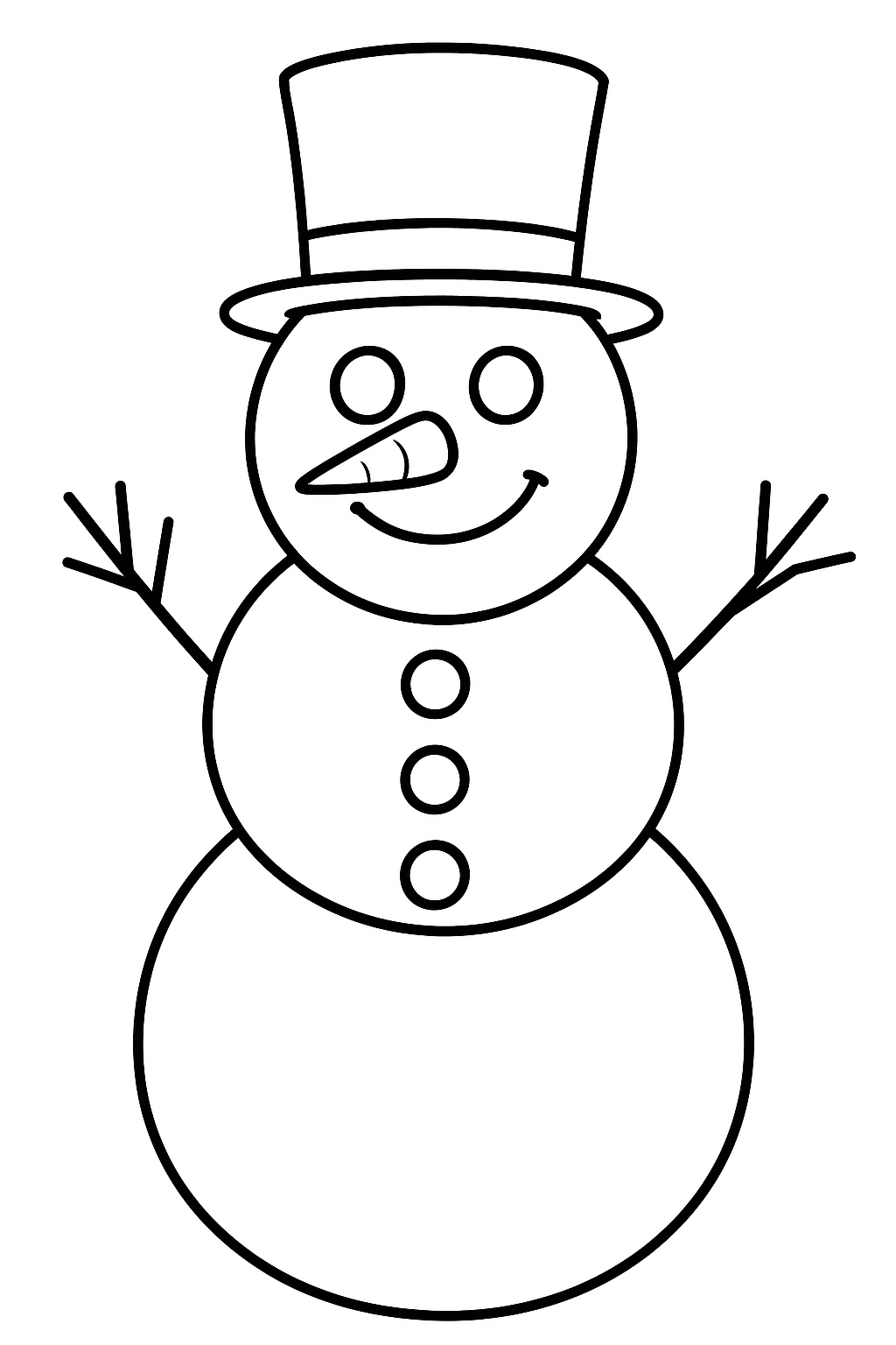 A snowman with a cylinder and arms made of sticks