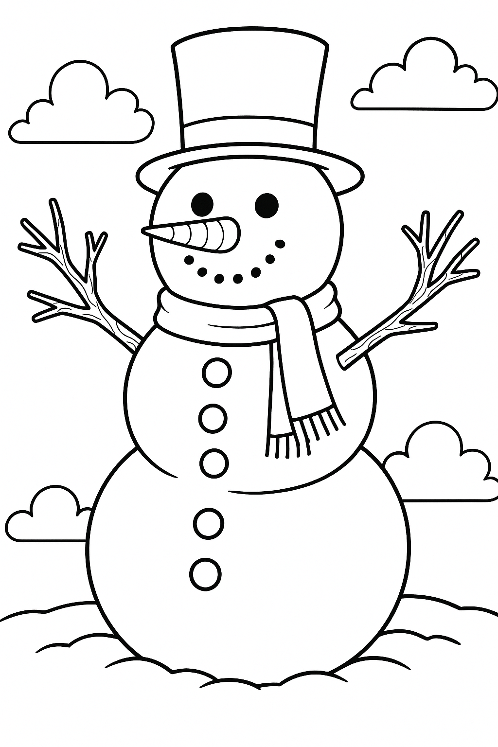 A snowman with a cylinder and arms made of sticks