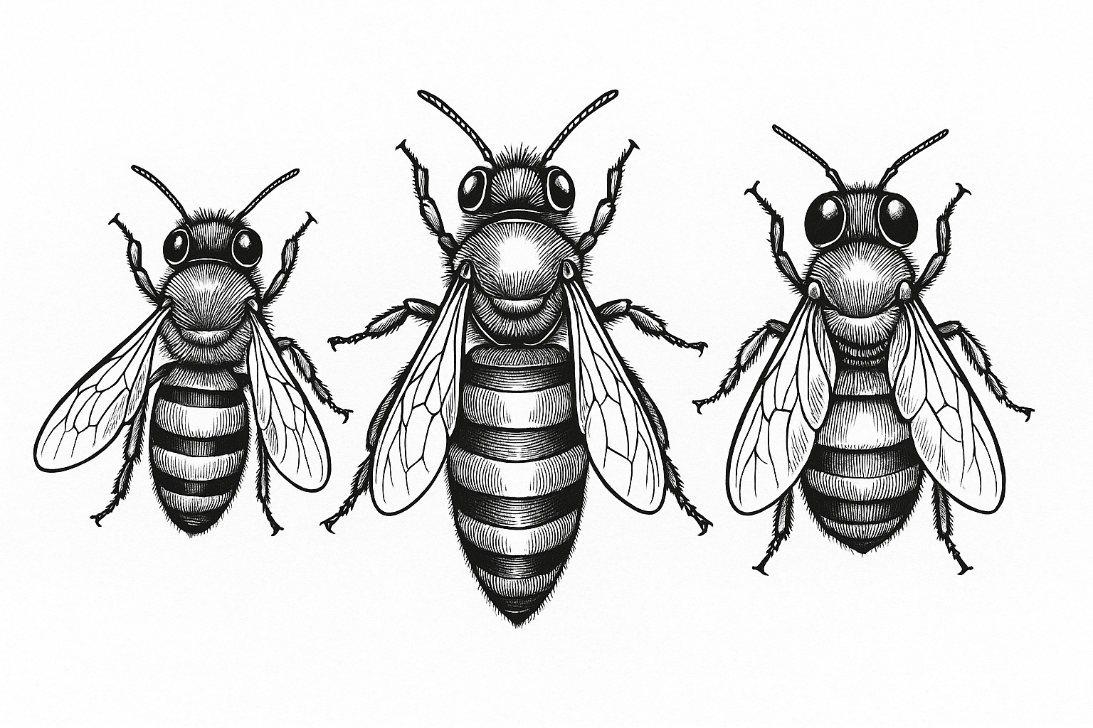 a bee worker, queen in the middle and drone on the right, very realistic