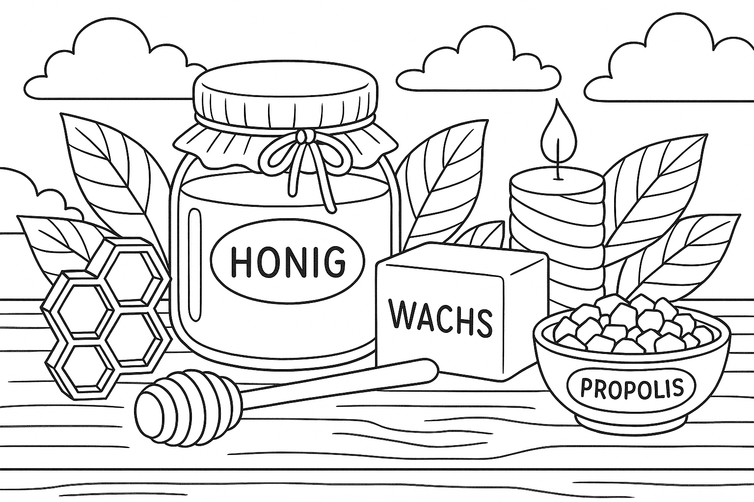 Products that bees produce on a table with little background so everything can be seen well: honey, wax, candle, propolis