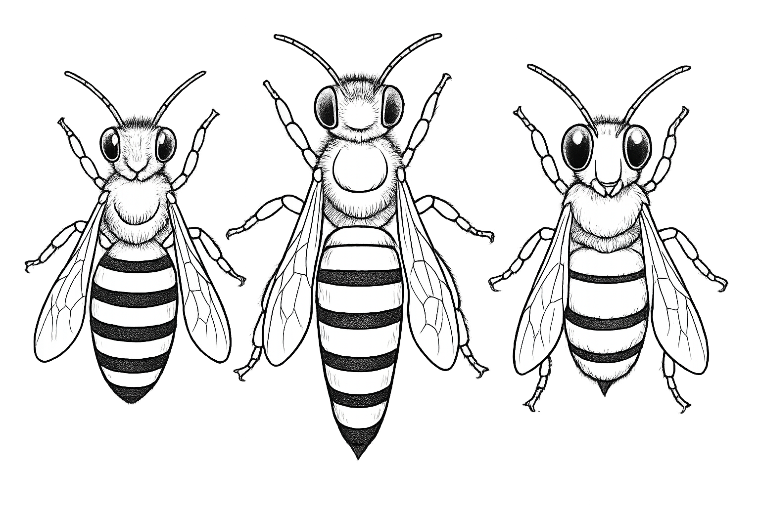 a bee worker on the left, queen in the middle and drone on the right, realistic details so the differences are visible, without background. Drone must have big eyes