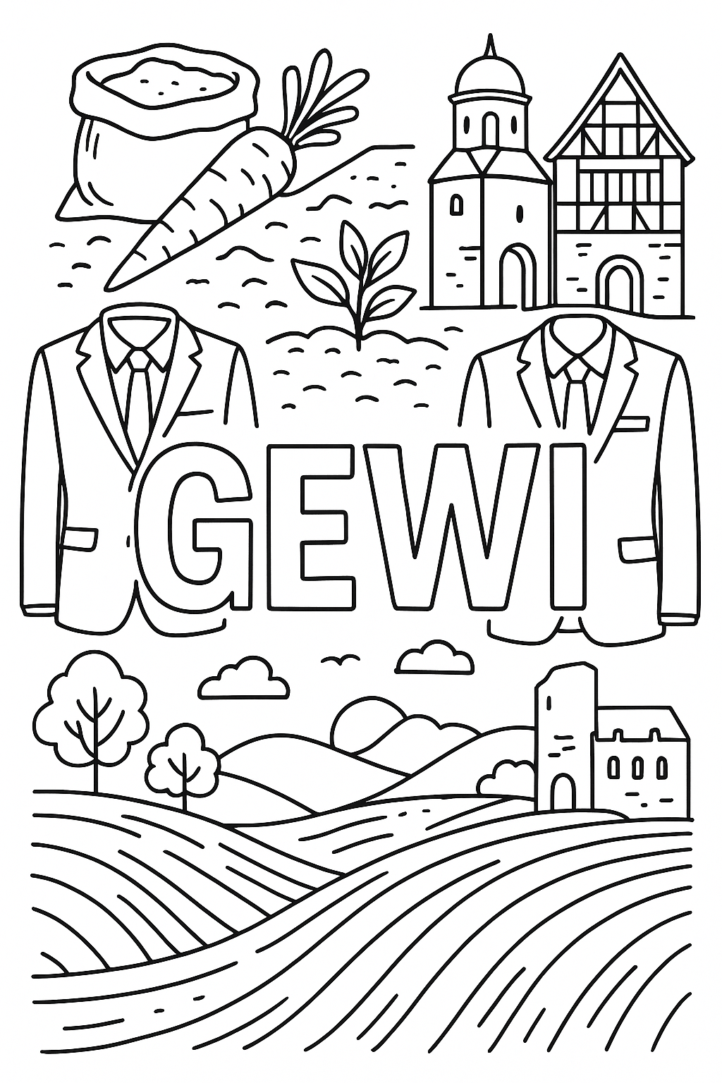 A sheet where Gewi is written in the middle. Around it should be earth, suits for men, landscape, old buildings. Gewi should be medium-sized