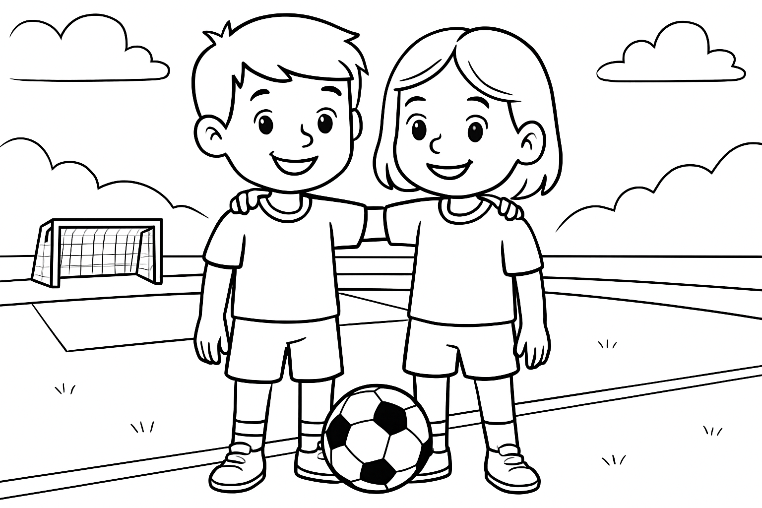 2. The people are a boy and a girl with medium-length hair (not long and not short), both standing on a football field. One arm of the boy is on the girl's shoulder. Just as the girl's arm is on the boy's shoulder. Between the boy's legs is a football