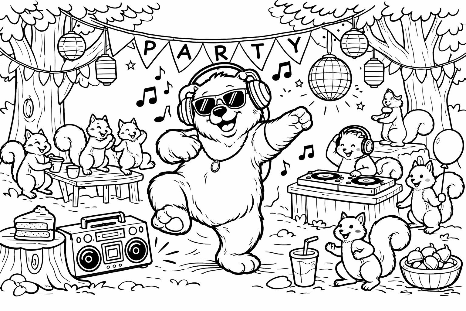 dancing bear with headphones at a squirrel party