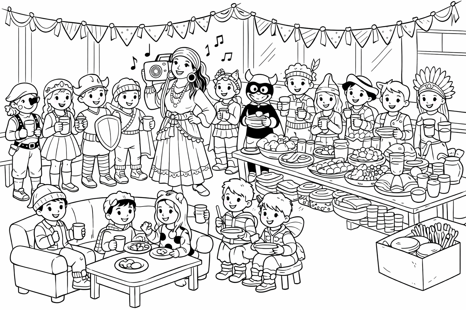 Something to do with carnival. A class with 19 children, 7 of whom are girls and 12 boys. They all have costumes on that look really great. They are all in a classroom that has a string hanging through the classroom. Garlands hang on the string. The teacher is also dressed up really great. They are listening to music. They have set up a buffet under the windows with fruit, vegetables, snacks, rolls, Nutella, jam, cheese, sausage and much more. There was also juice to drink. At the edge is a box with plates, cups and cutlery. The tables are on the edge. One table is in front of a sofa. Some students have plates, cups and cutlery in their hands