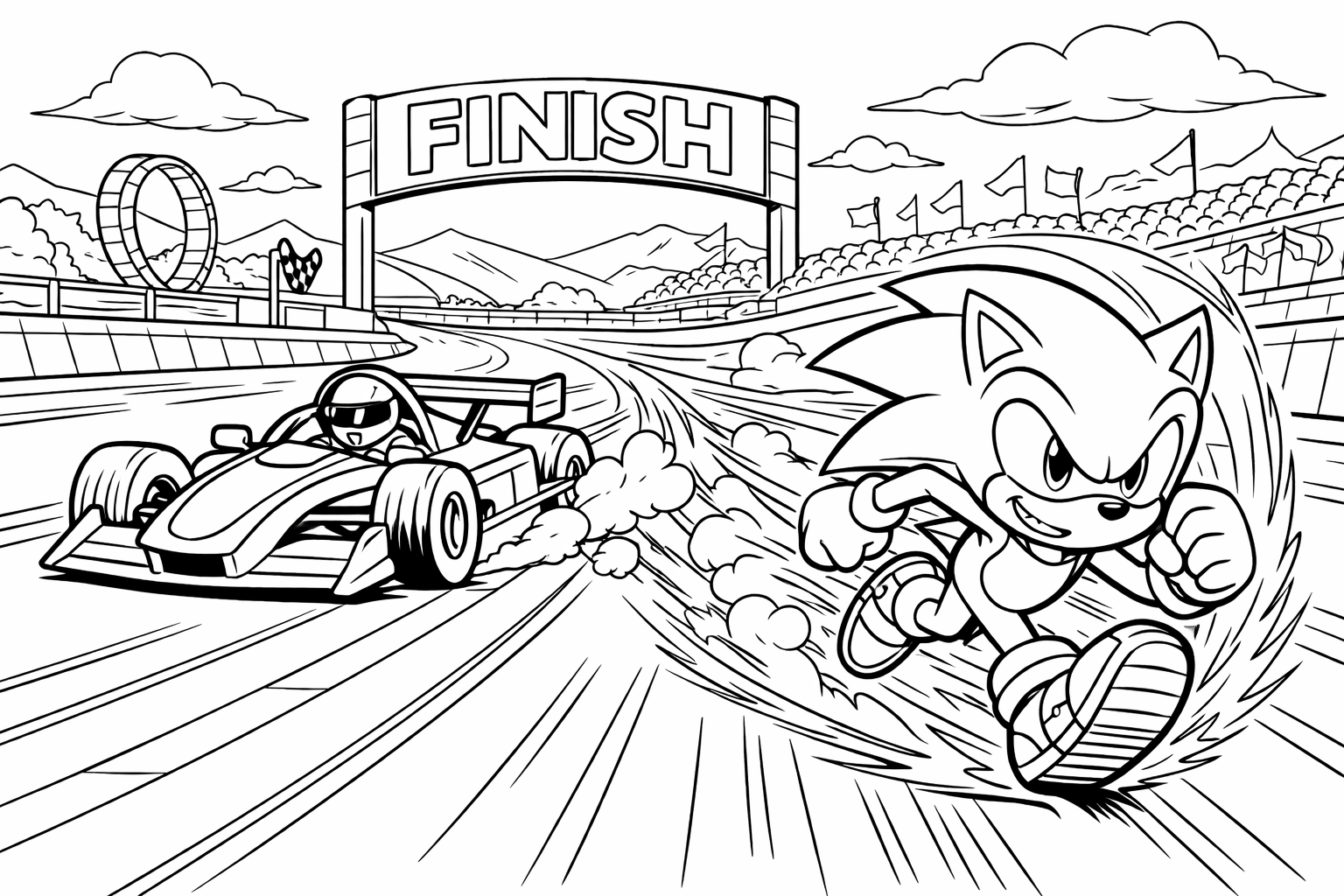 A Sonic on a racetrack where a race car is racing against him and Sonic is running at supersonic speed