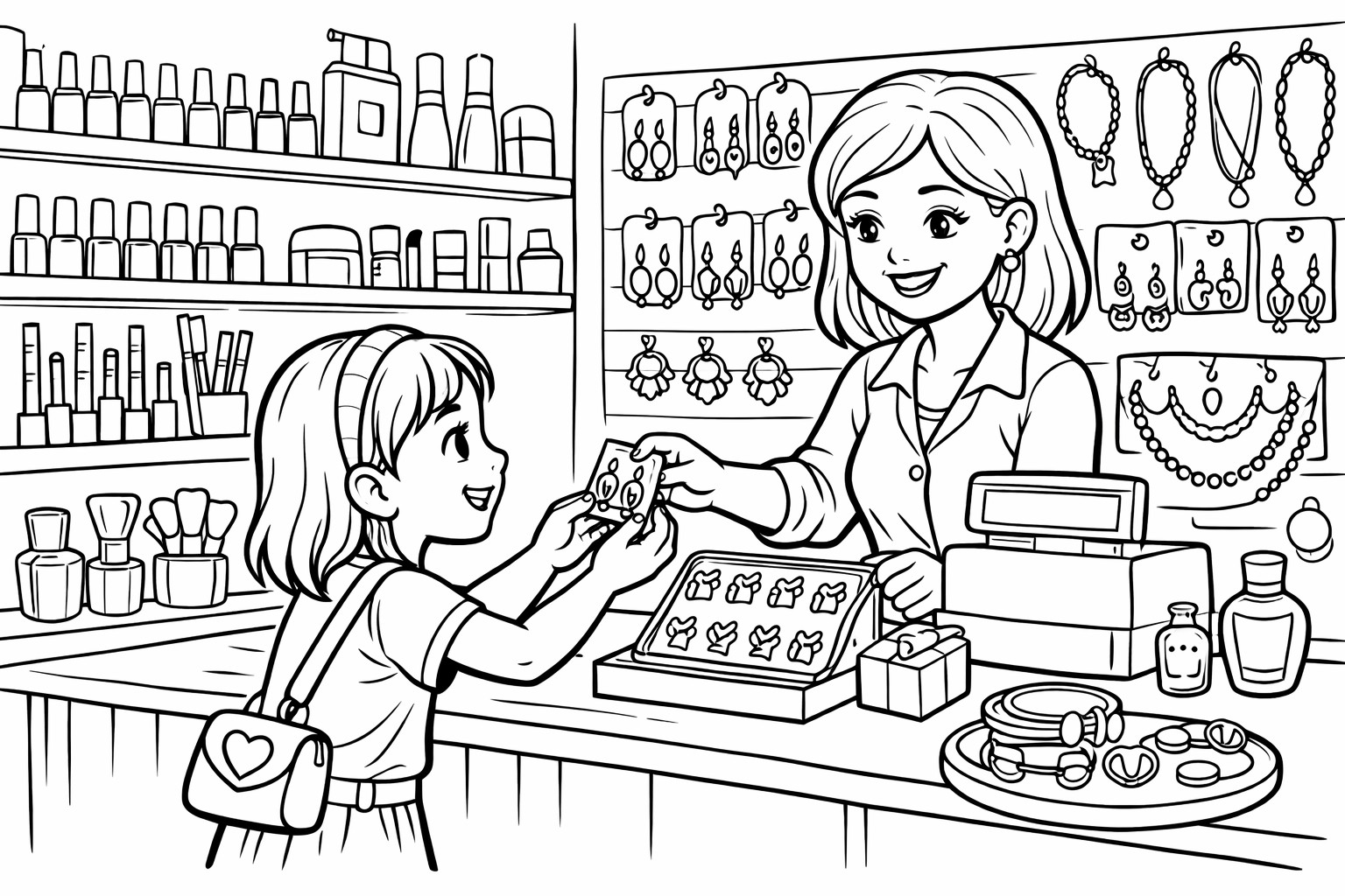 A makeup store with nail polish, lip gloss, earrings, necklaces, and many more items. In the store, there is a saleswoman behind the cash register and she is currently selling a child clip earrings