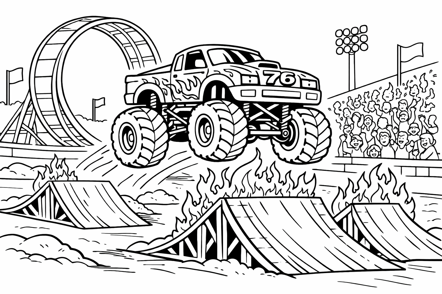 A monster truck track with ramps and the ramps go over fire. The monster truck track also has a loop and on the monster truck, which is just jumping over the ramp, there is fire on the doors and on the hood he had a 76 and there are also spectators next to it.