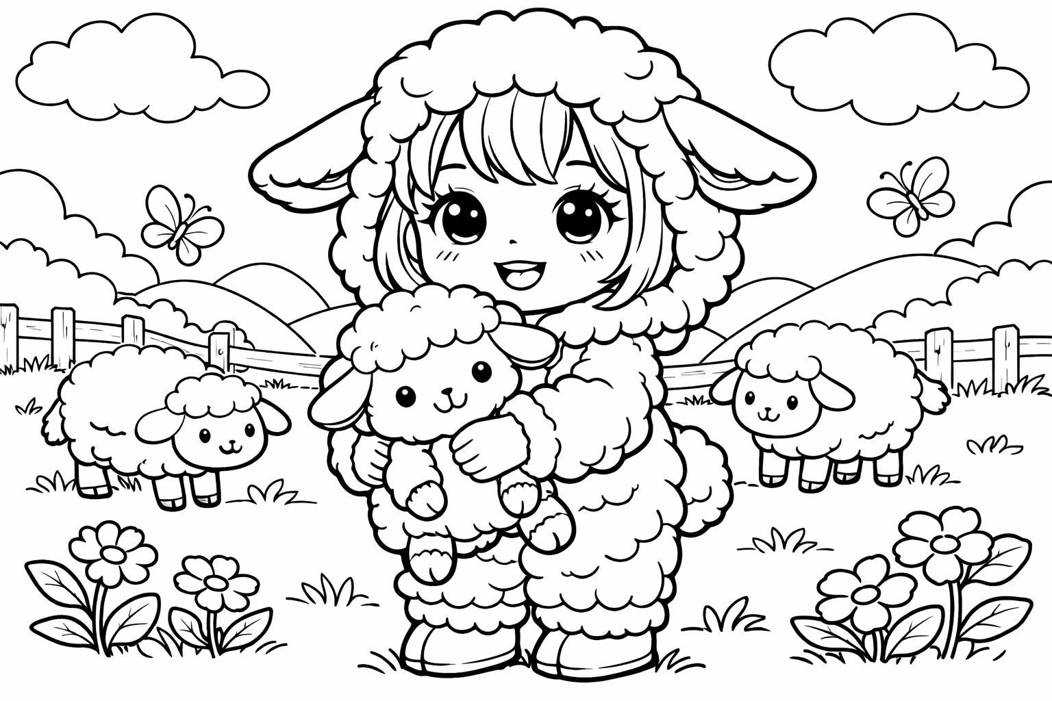 a girl in a sheep costume holding a plush sheep 
